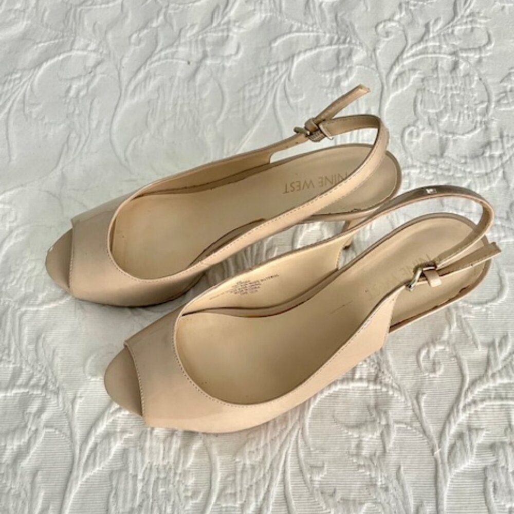 Nine West Nude Tan Patent Leather Platform Open Toe Slingback Heels Pumps 8M
